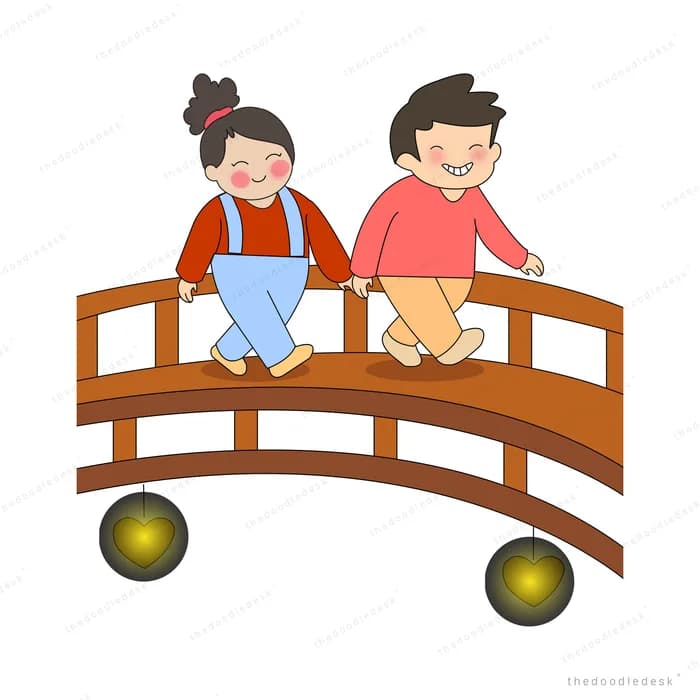 Two children walking across an arched wooden bridge set on heart wheels