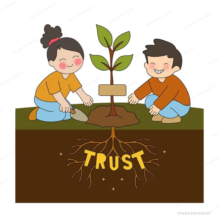 Two children planting a sapling whose roots spell out trust underground