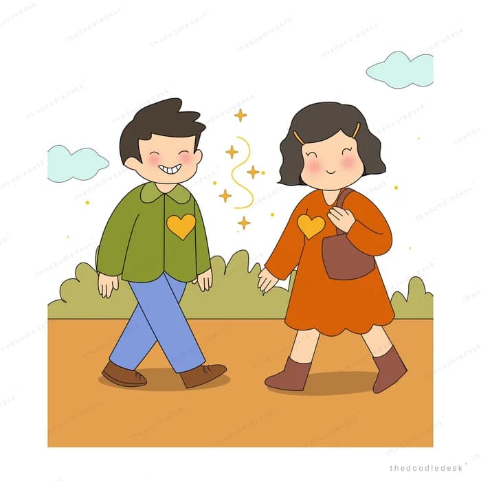 Man and woman walking away from each other in tears with hearts on their coats