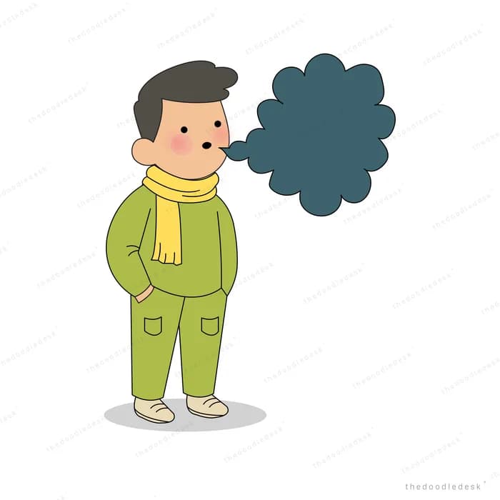 Man in a scarf breathing out a large dark cloud