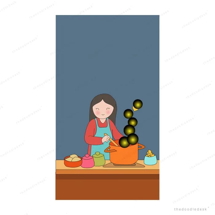 Woman in an apron stirring an orange pot on a counter with hearts rising