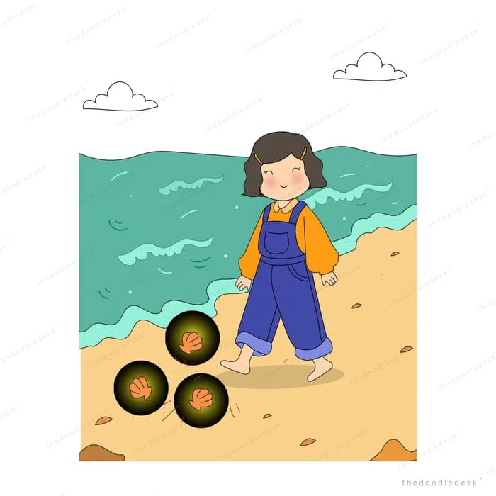 Girl in blue overalls walking barefoot along the shoreline among shells