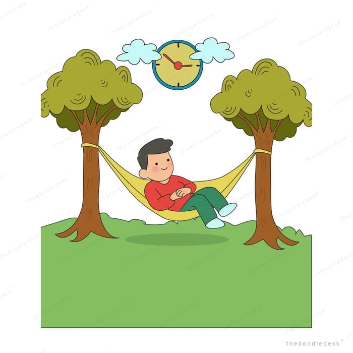 Boy lounging in a hammock slung between two trees under a wall clock