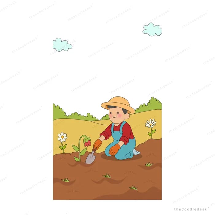 Boy in a straw hat kneeling to dig a garden bed with a trowel