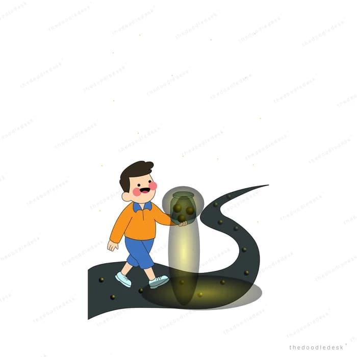 Boy on a dark winding road touching a glowing stone marker that lights his way