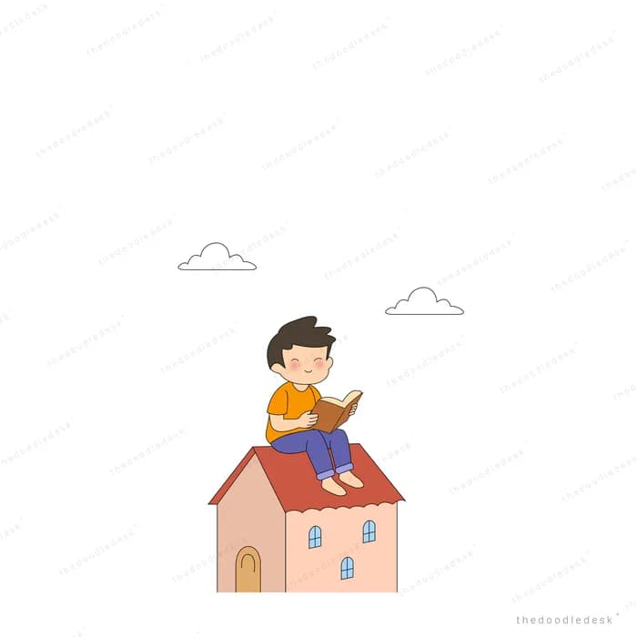 Boy sitting on the roof of a small house reading a book
