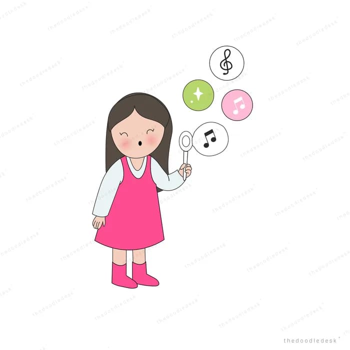 Girl in a pink dress with app icon bubbles floating beside her