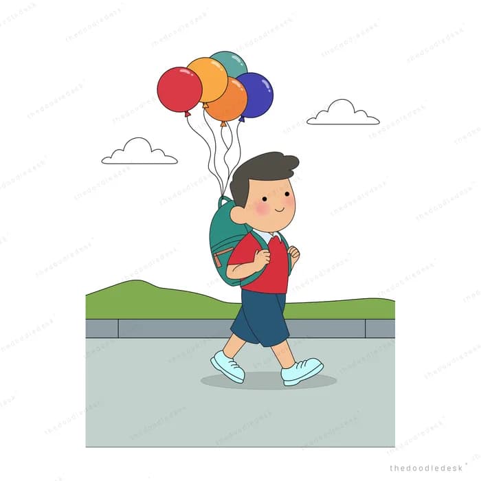 Boy with a backpack walking along a ledge holding a bunch of balloons