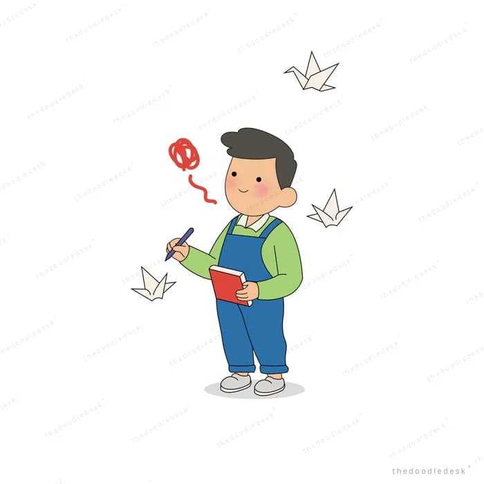 Boy in overalls holding a red notebook and pen as paper cranes fly around him