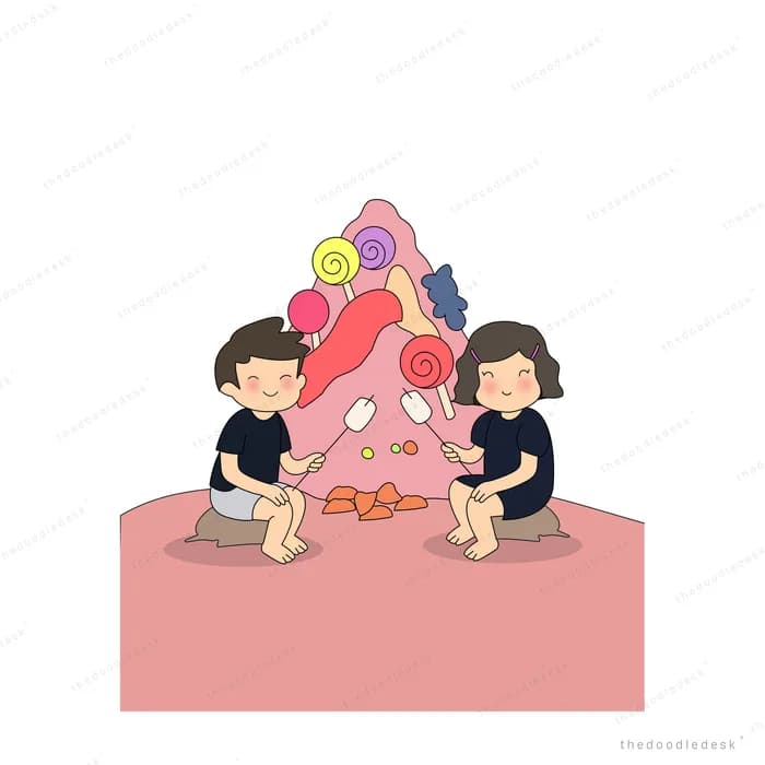 Three children sitting around a pink mountain of candy and lollipops