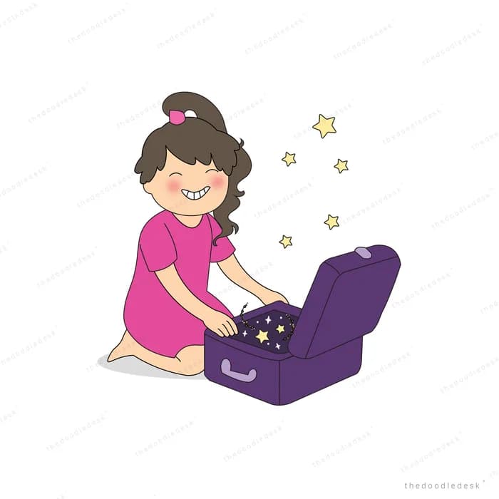 Girl kneeling to open a purple suitcase with stars spilling out of it