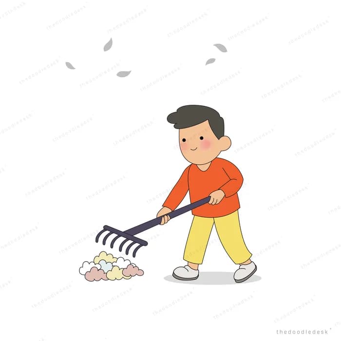 Boy raking fallen petals into a pile with a long rake