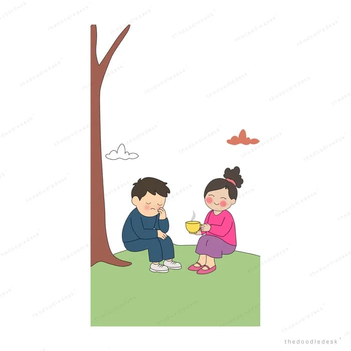 Two children sharing a small tea set on the grass under a bare tree