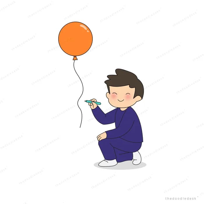 Boy kneeling with an orange balloon tied to his hand and a small toy