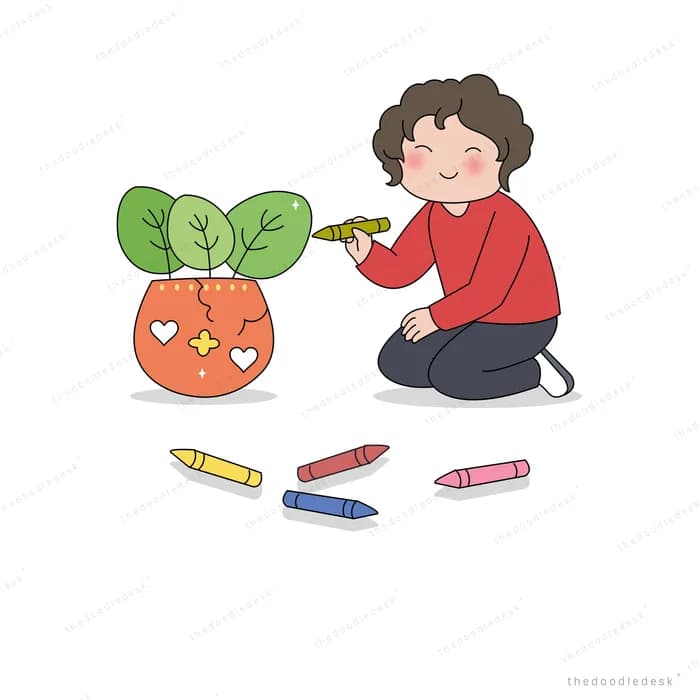 Girl kneeling to colour a potted plant with crayons