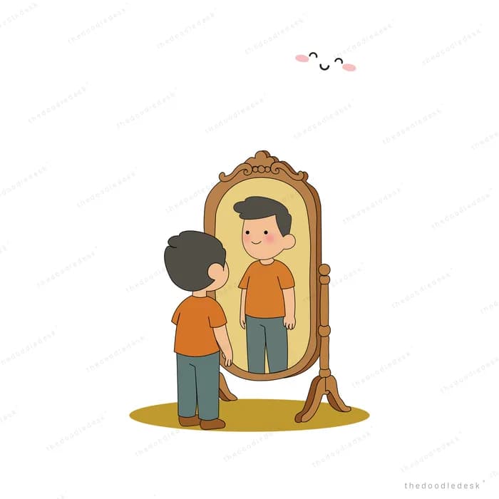 Boy standing before a tall mirror studying his own reflection