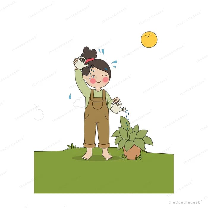 Girl in white watering a leafy plant on a green ledge under a small sun