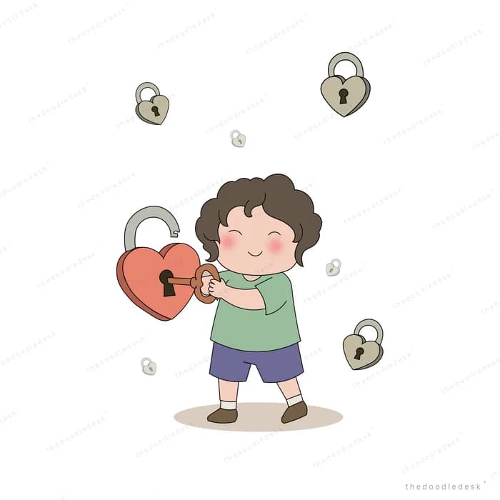 Boy unlocking a large red heart padlock with a key while other padlocks float around him