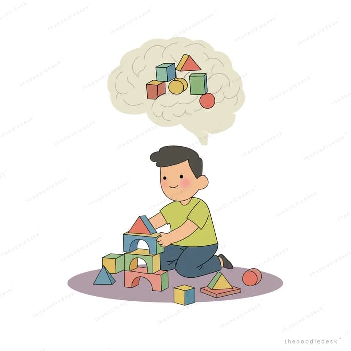 Boy sitting on a rug building with coloured blocks while a thought bubble shows the finished shape