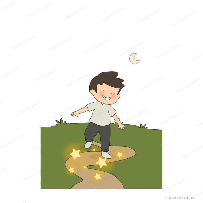 Boy walking across a green field where small stars glow at his feet under a crescent moon