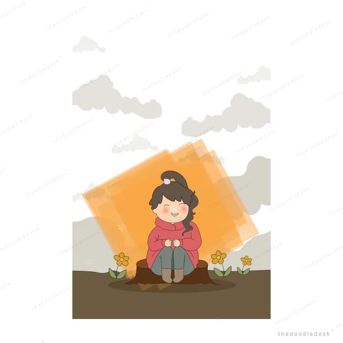 Girl in a red jumper sitting on a tree stump in grey fog with a warm glow and small flowers around her