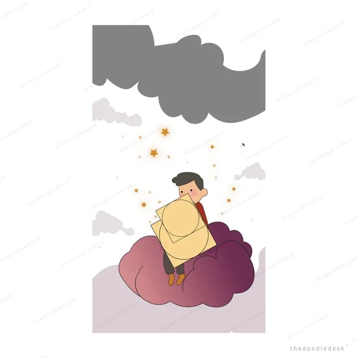 Boy sitting on a purple cloud holding a small light under heavy grey storm clouds