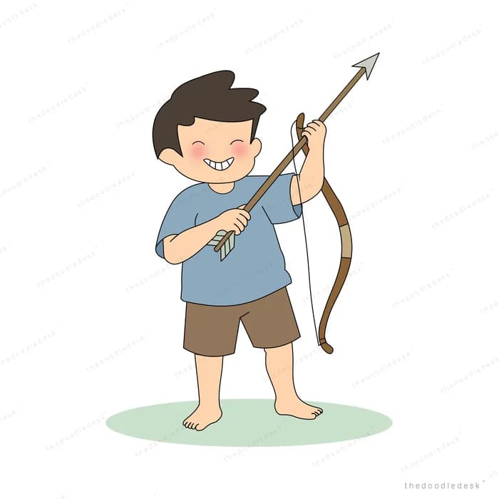 Boy drawing back a bow with an arrow aimed upward