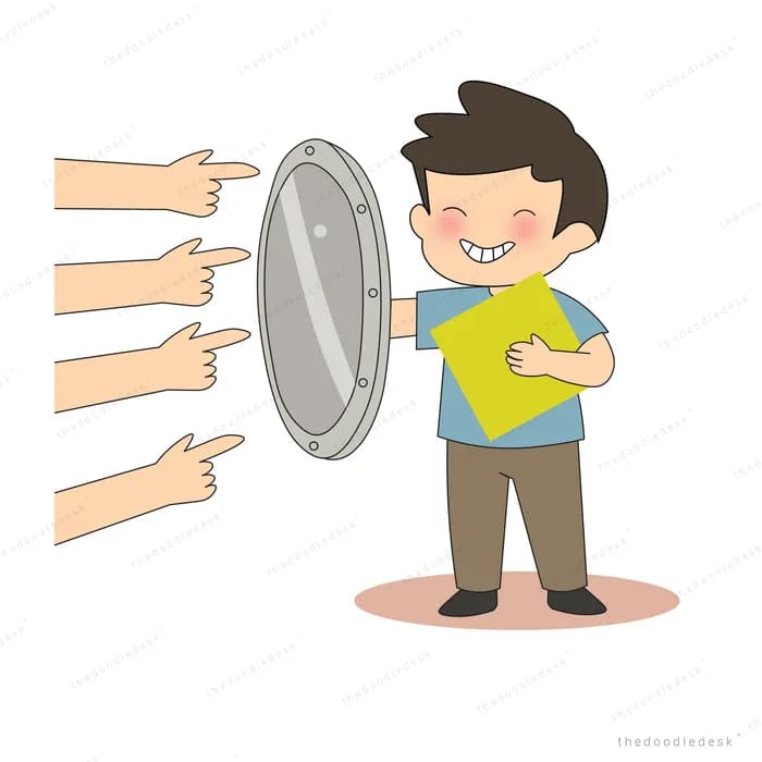 Boy holding up a metal shield against three pointing fingers