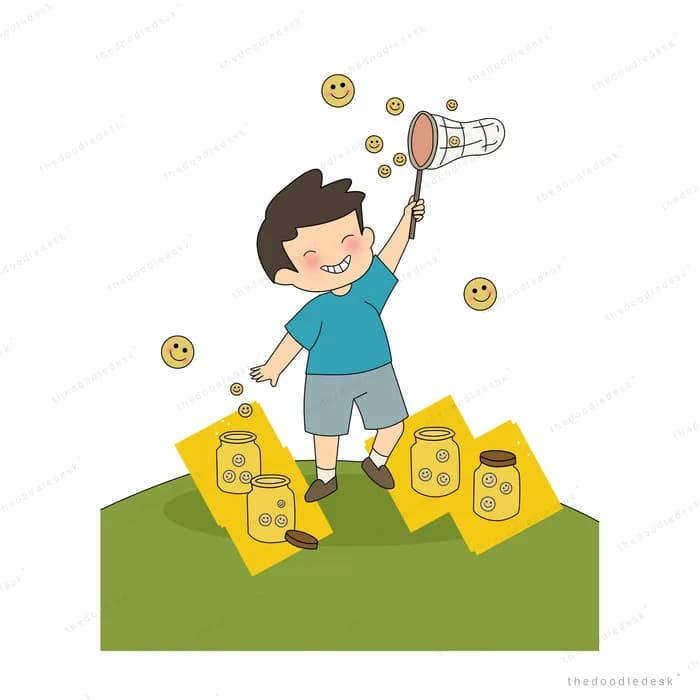 Boy on a green field scooping falling smiling coins with a ladle beside jars of coins