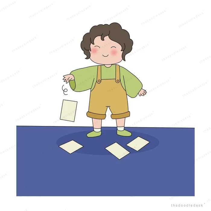 Girl standing on blue water launching a paper boat among floating sheets of paper