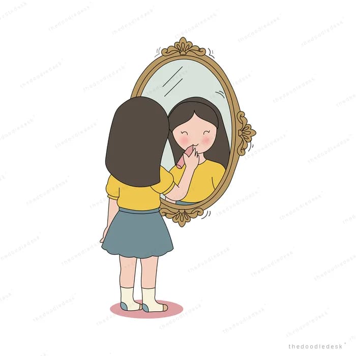 Girl in a yellow top standing before an oval mirror that shows a sad long-haired reflection