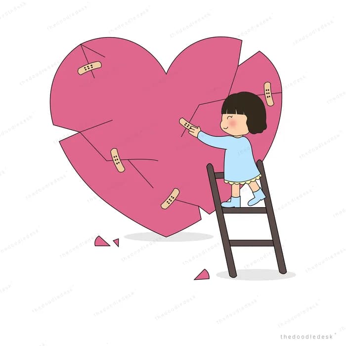 Boy on a stepladder patching a giant cracked pink heart with sticking plasters