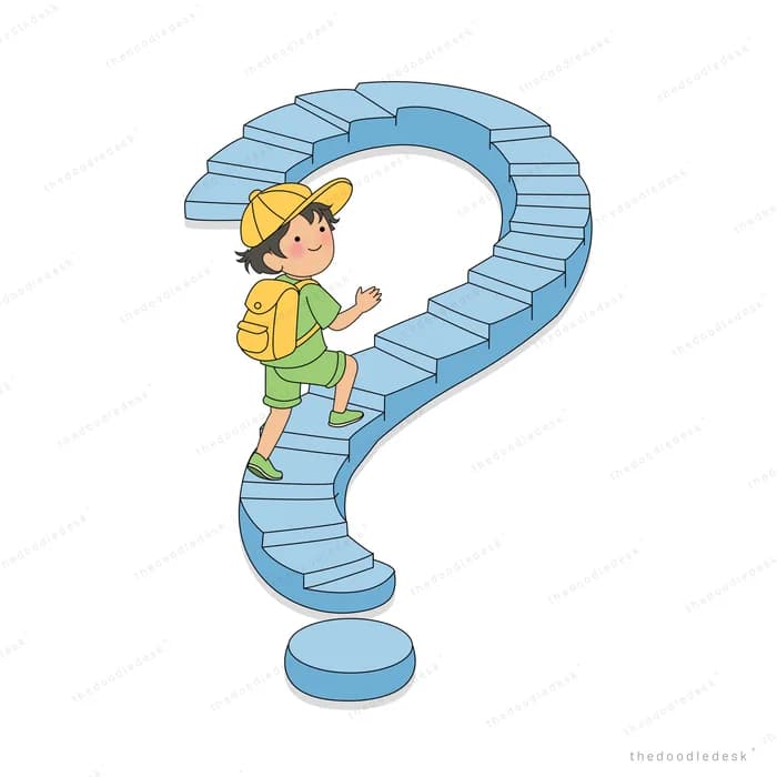 Boy with a backpack climbing a blue staircase curled into the shape of a question mark