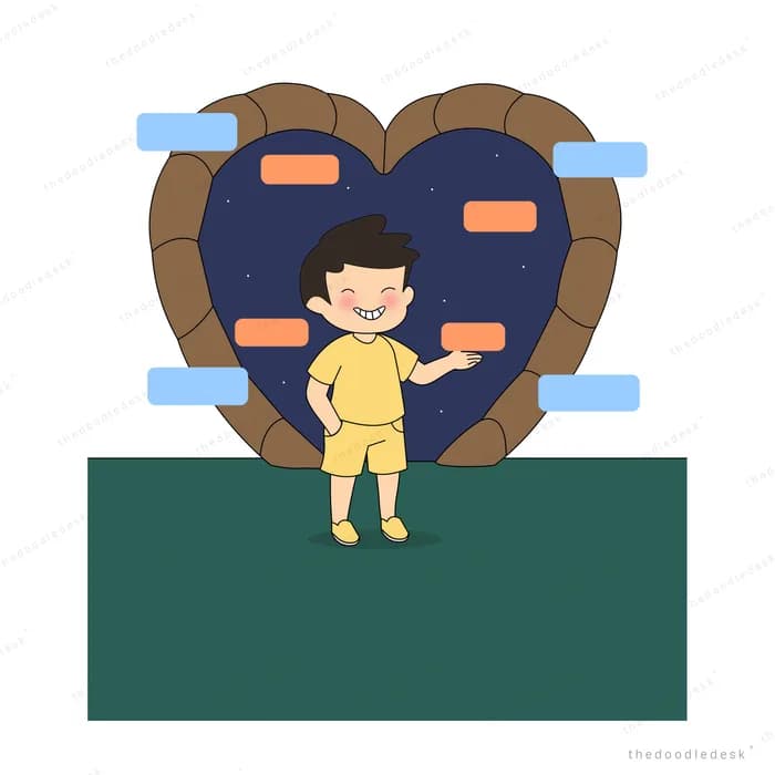 Boy standing inside a heart-shaped opening in a wall patched with coloured tape