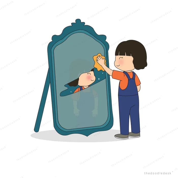 Boy in dungarees wiping a tall mirror with a sponge while his reflection lies sideways in the glass