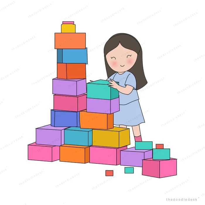 Girl stacking a tall tower of colourful blocks beside a wide pile of them