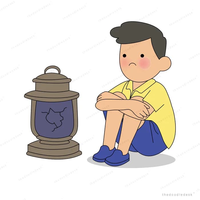 Boy sitting hugging his knees beside a dark unlit oil lantern