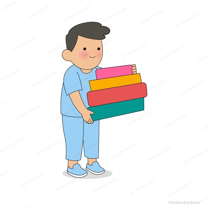 Boy carrying a stack of colourful books in both arms