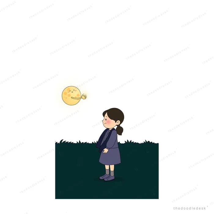 Small girl standing on a dark green field looking up at a tiny smiling moon
