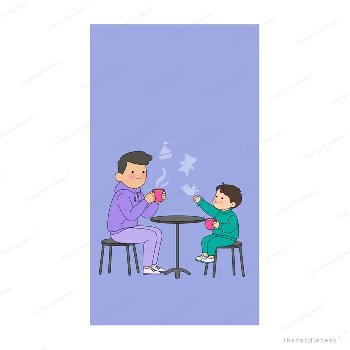 Man and boy sitting on stools at a small round table with a steaming cup on a purple panel