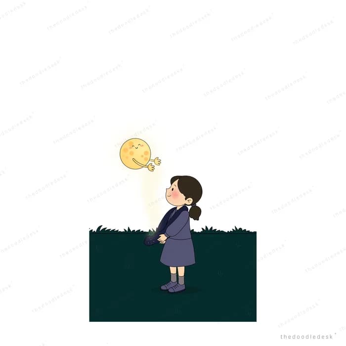 Small girl standing on a dark green field looking up at a tiny smiling moon