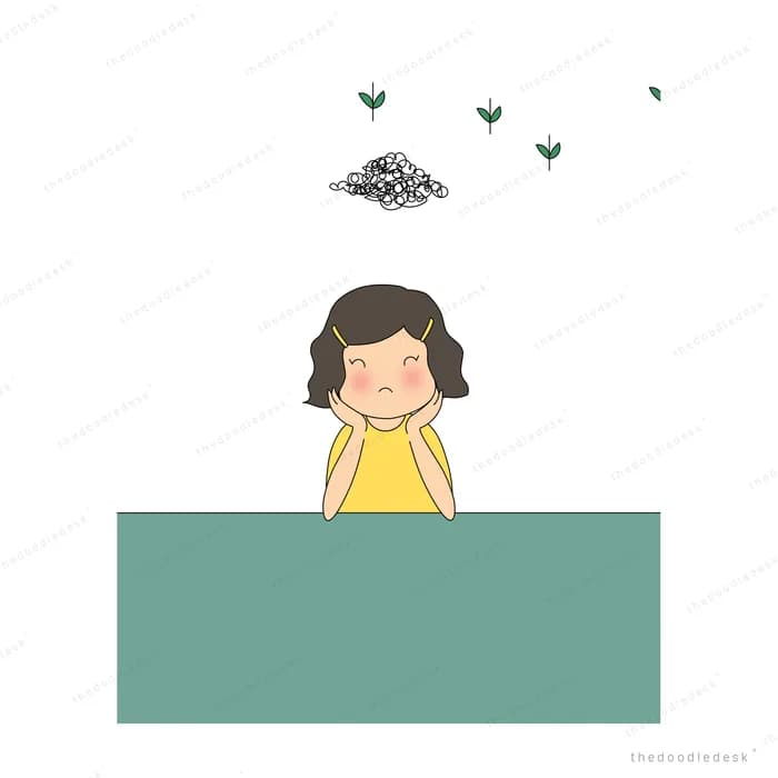 Girl in yellow seen from behind over a teal panel with a small grey scribble and a few green sprouts above her head