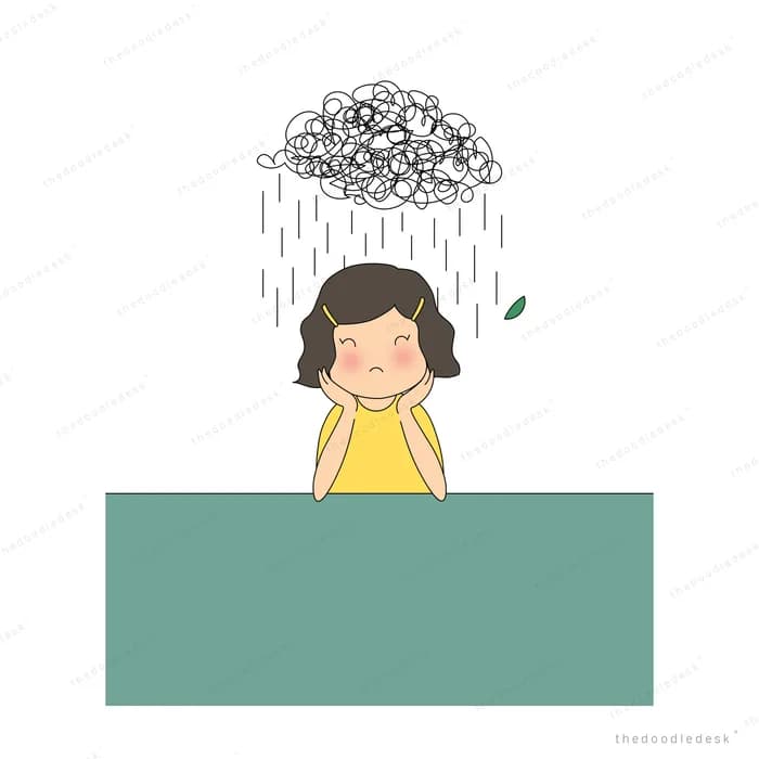 Girl in yellow seen from behind over a teal panel with a big grey scribble raining above her head
