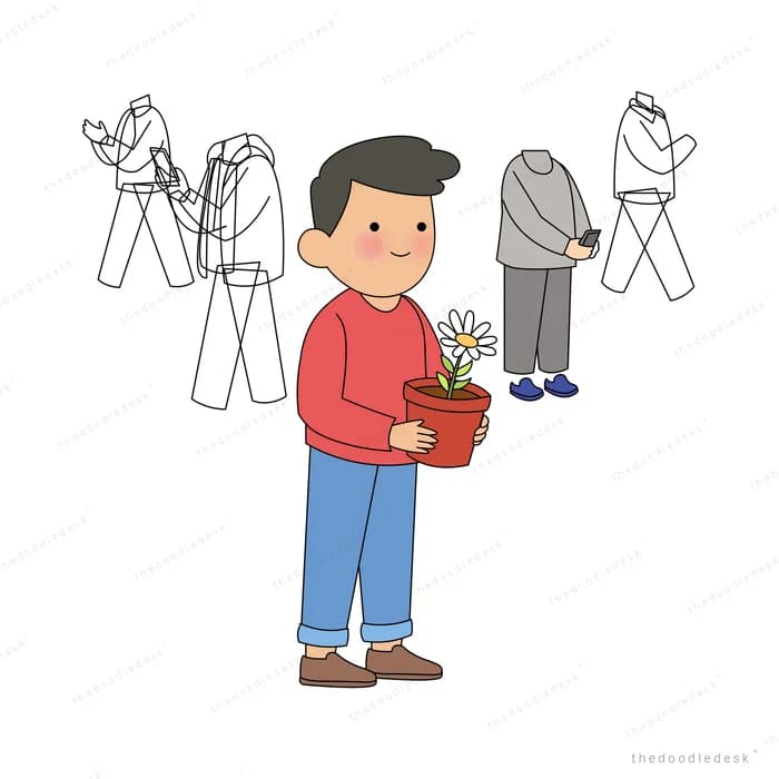 Man in a red shirt holding a potted lily surrounded by outlined clothing racks