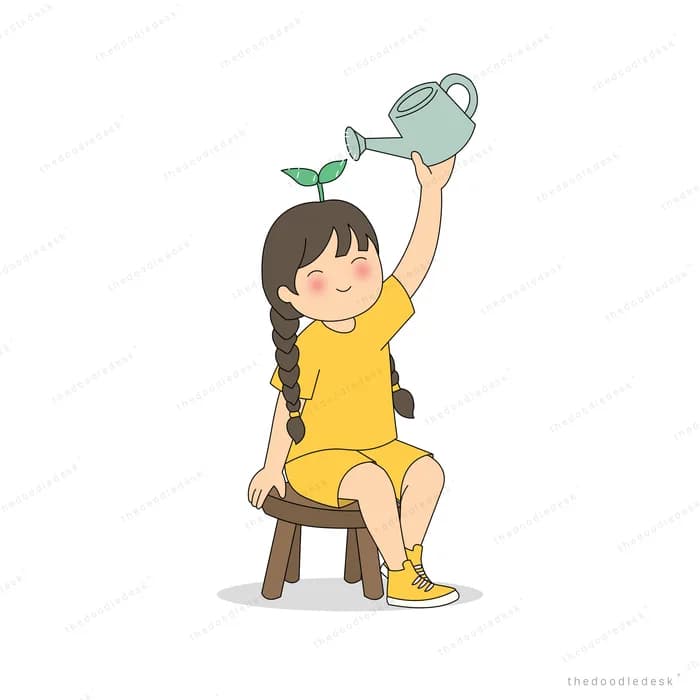 Girl in yellow sitting on a stool holding up a watering can with a sprout
