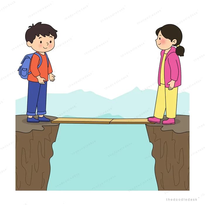 Girl crouching to set a plank bridge between two cliffs while a boy waits