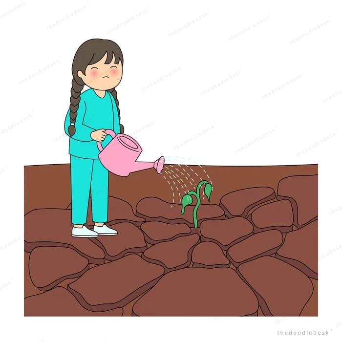 Girl in teal watering a tiny seedling in rocky brown soil