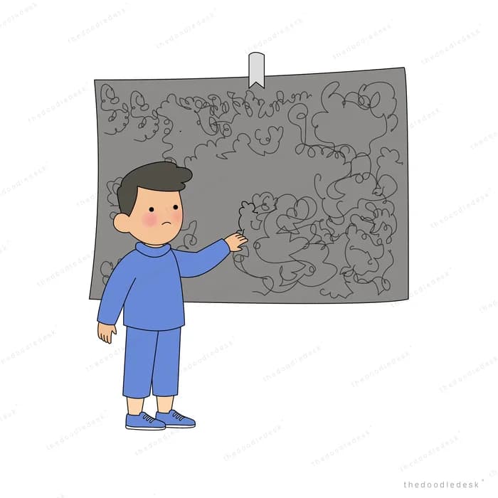 Boy in blue pyjamas facing a large hanging grey poster covered in scribbles