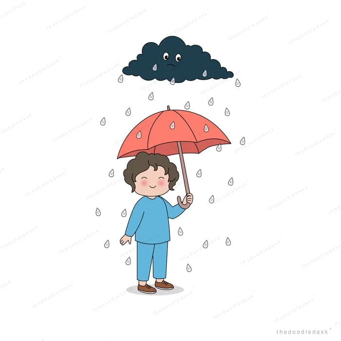 Boy in blue holding a red umbrella under a dark rain cloud