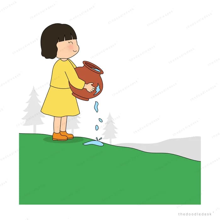 Girl in yellow on a green ledge pouring water from a jug onto seedlings in cups